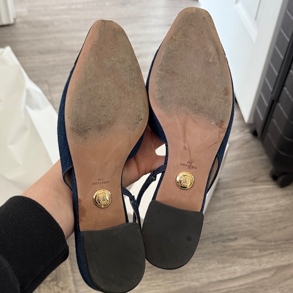 Veronica Beard Cecile Denim Slingback Flats with Black Cap Toe - Picture 3 of 5
